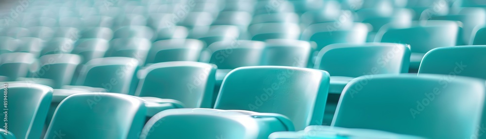 Obraz premium Close-up of empty turquoise stadium seats in rows, creating a pattern and texture. Ideal for sports or events concept imagery.