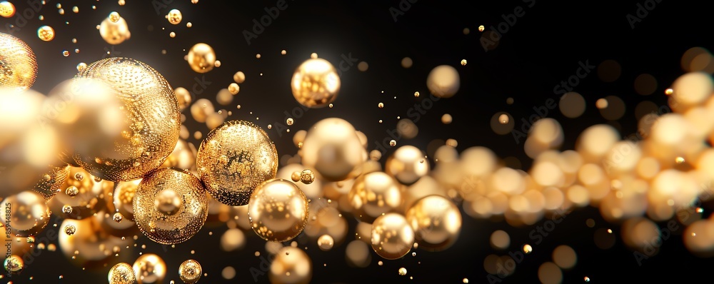 Abstract background with golden glittering spheres and bokeh lights against a dark backdrop, perfect for festive and celebratory themes. Abstract background with golden glittering spheres and bokeh lights against a dark backdrop, perfect for festive and celebratory themes.
