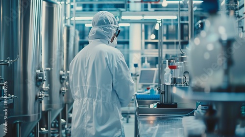 Scientist in a protective suit conducting research in a modern industrial facility.