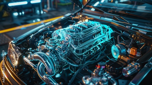 Futuristic Car Engine Maintenance with Holographic Technology Overlay