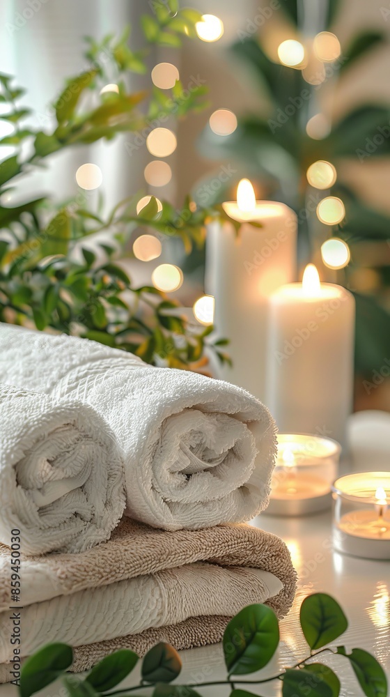 Rolled towels with lit candles and green plant in background, spa relaxation setting. Wellness and tranquility concept Rolled towels with lit candles and green plant in background, spa relaxation setting. Wellness and tranquility concept