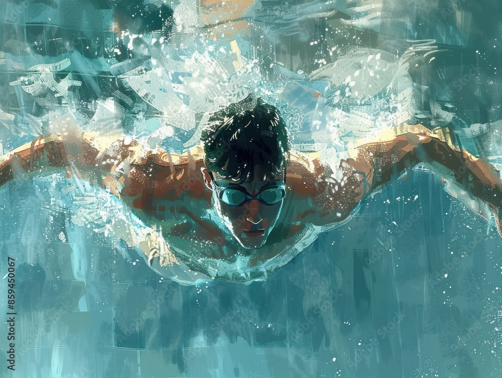 Artistic depiction of a swimmer executing the butterfly stroke in a pool, with splashing water and dynamic movement.
Artistic depiction of a swimmer executing the butterfly stroke in a pool, with splashing water and dynamic movement.
