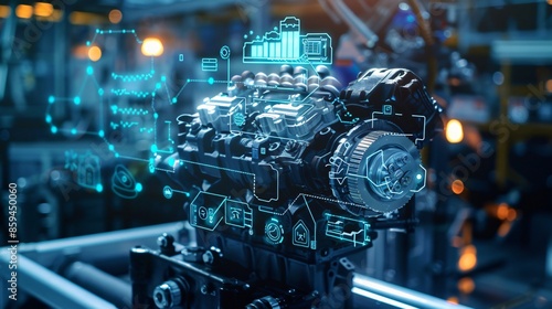 Futuristic Engine Maintenance Concept with Holographic Oil Change Icons