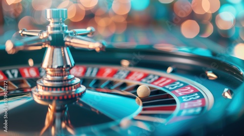 A close-up of a black roulette wheel in a casino, with the ball landing on a winning number. The image captures the excitement and suspense of gambling, with plenty of copy space for adding text or