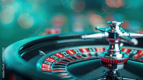 A sleek black roulette wheel in a casino setting, with minimalist design elements and plenty of copy space for customization. The image conveys a sense of elegance and sophistication.