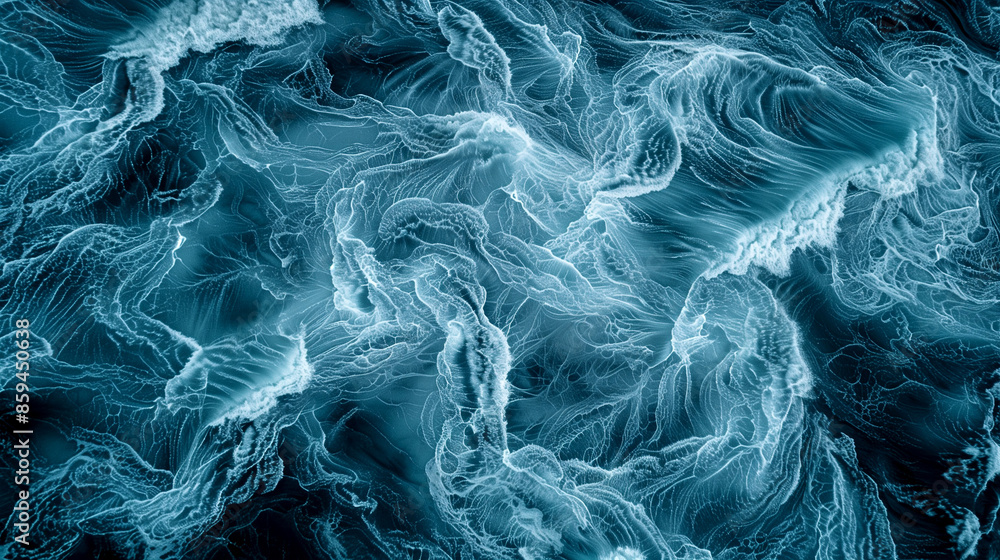 Obraz premium The image is of a body of water with waves and foam. The water appears to be blue and has a wavy texture. Scene is calm and serene, as the waves gently lap against the shore