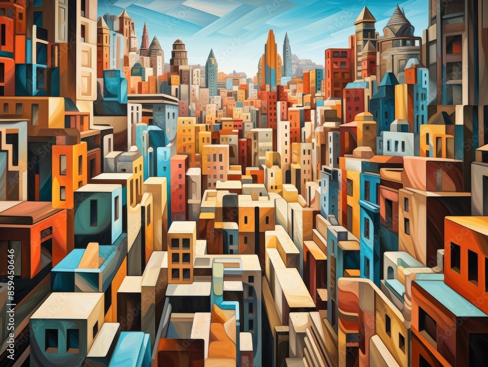 Fototapeta premium Colorful abstract cityscape with geometric buildings, creating a vibrant, modern urban environment under a bright sky.