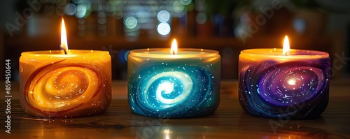 Galaxythemed candle making, swirling wax patterns, cosmic colors, soothing scents photo