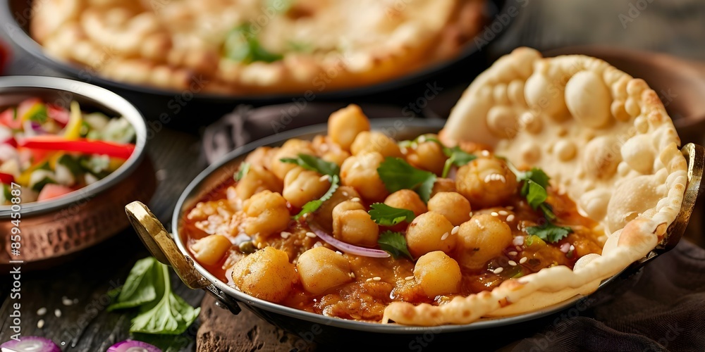 Flavorful and Popular Street Food Chole Bhature - A Spicy Indian Dish. Concept Indian Cuisine, Street Food, Chole Bhature, Spicy Dish, Popular Food Flavorful and Popular Street Food Chole Bhature - A Spicy Indian Dish. Concept Indian Cuisine, Street Food, Chole Bhature, Spicy Dish, Popular Food