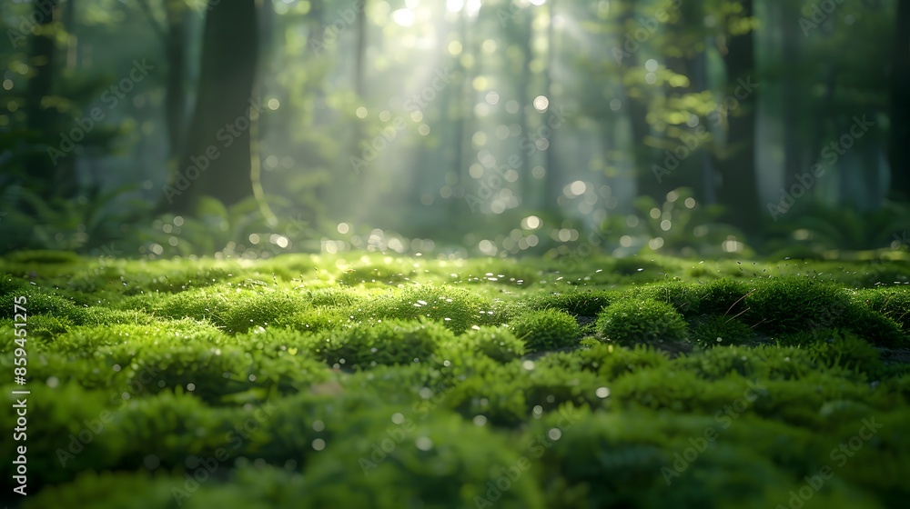 Fototapeta premium Beautiful green moss in the forest, sunlight shines through trees on lush grass and moss, creating an enchanting atmosphere. This scene is filled with tranquility and natural beauty.