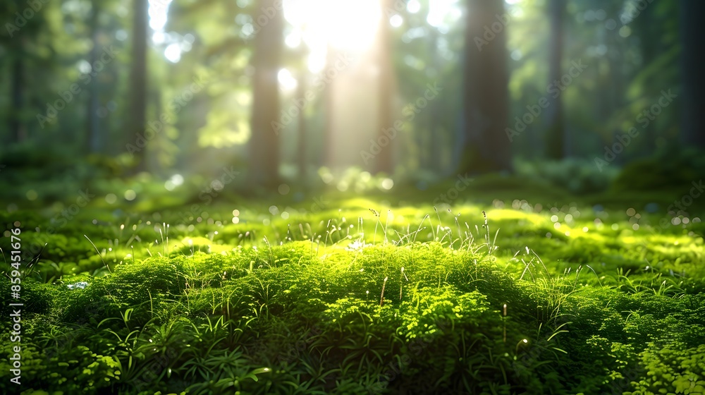 Beautiful green moss in the forest, sunlight shines through trees on lush grass and moss, creating an enchanting atmosphere. This scene is filled with tranquility and natural beauty. Beautiful green moss in the forest, sunlight shines through trees on lush grass and moss, creating an enchanting atmosphere. This scene is filled with tranquility and natural beauty.