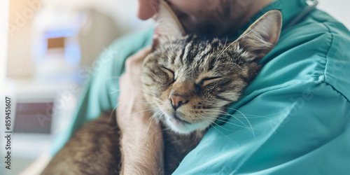 A satisfied veterinarian hugs a cat after the procedures. The concept of care, attention, animal health. Friendly atmosphere. For advertising banners and brochures