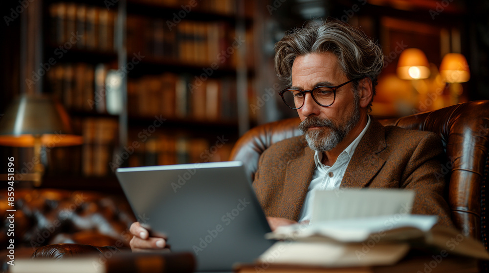 mature man using laptop in elegant library, modern study, lawyer working, concept of International Literacy Day, with copy space mature man using laptop in elegant library, modern study, lawyer working, concept of International Literacy Day, with copy space
