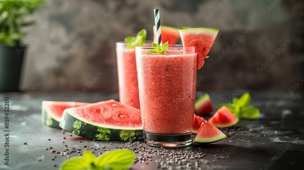 Watermelon Smoothie: Whole watermelon, slices, and a glass of smoothie placed together on a clean background. Watermelon Smoothie: Whole watermelon, slices, and a glass of smoothie placed together on a clean background.