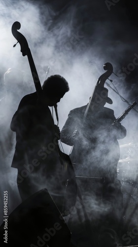 Silhouetted jazz musicians performing with double bass in smoke-filled room