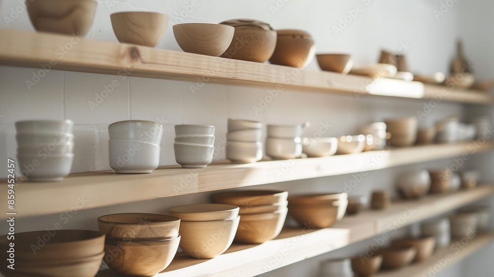 Neatly arranged wooden shelves displaying a variety of ceramic and wooden bowls, highlighting minimalist and rustic kitchenware. Neatly arranged wooden shelves displaying a variety of ceramic and wooden bowls, highlighting minimalist and rustic kitchenware.