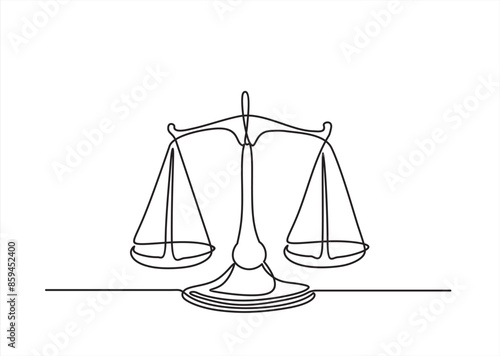 One continuous line drawing of law balance and scale of justice. Symbol of equality and equilibrium concept and logo firm in simple linear style. Libra thin icon. Doodle vector illustration
