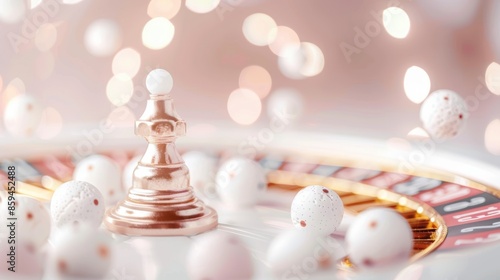 A sophisticated casino setting featuring a white color scheme, with a roulette table as the main attraction. The image provides plenty of copy space for customization.