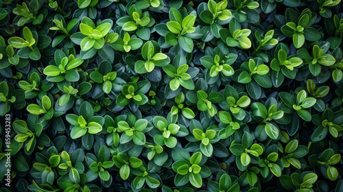 A vibrant close-up shot of dense green foliage featuring small, lush leaves. The fresh greenery evokes a sense of nature, growth, and tranquility.