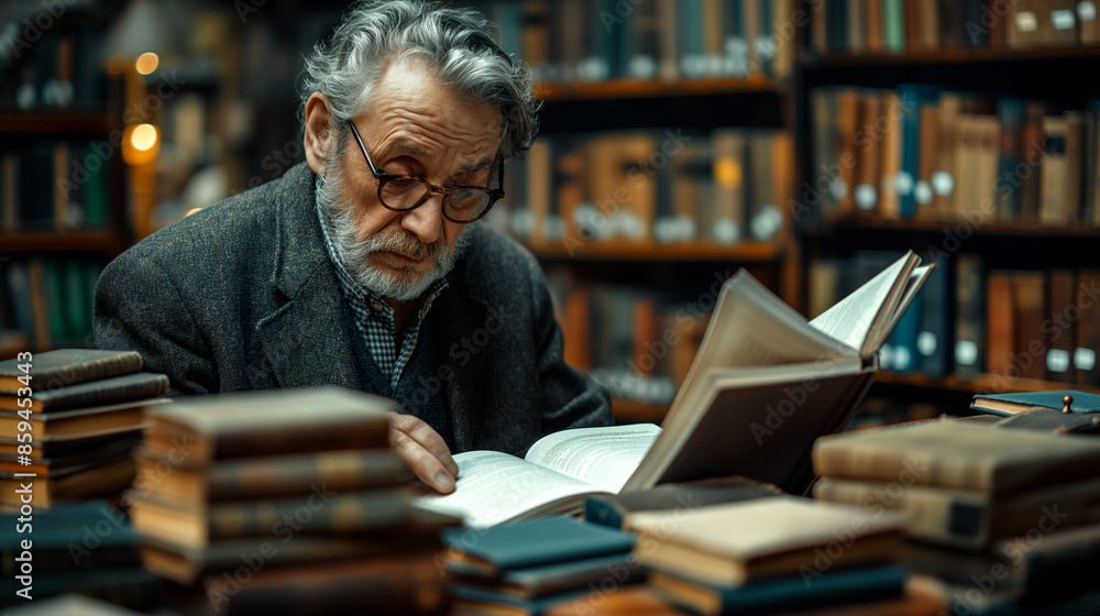 elderly man reading in a library, intellectual pursuit, concept of International Literacy Day, with copy space elderly man reading in a library, intellectual pursuit, concept of International Literacy Day, with copy space