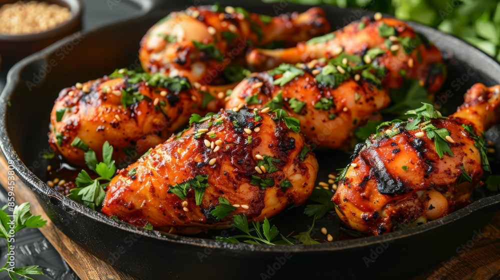 A savory and appetizing snapshot featuring grilled chicken drumsticks adorned with fresh green herbs, showcasing a flavorful and delectable meal cooked to perfection. A savory and appetizing snapshot featuring grilled chicken drumsticks adorned with fresh green herbs, showcasing a flavorful and delectable meal cooked to perfection.