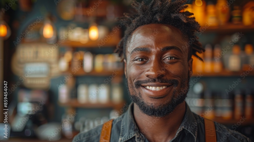 A friendly barista with a nose ring and dreadlocks, wearing an apron, smiles warmly at a cozy and inviting coffee shop environment, filled with warmly lit shelves. A friendly barista with a nose ring and dreadlocks, wearing an apron, smiles warmly at a cozy and inviting coffee shop environment, filled with warmly lit shelves.