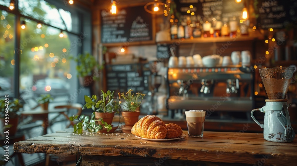 A charming rustic café setting features a table adorned with croissants, a frothy coffee glass, and plants, under warm lighting, creating a cozy, inviting environment. A charming rustic café setting features a table adorned with croissants, a frothy coffee glass, and plants, under warm lighting, creating a cozy, inviting environment.