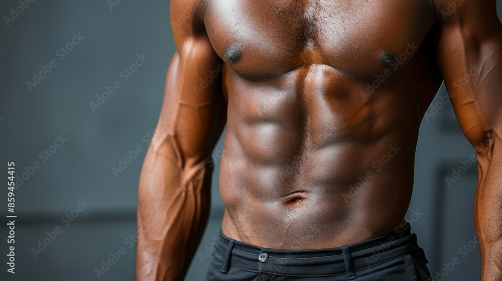 Close-up image of a male torso showcasing defined abdominal muscles, representing fitness, strength, and dedication, captured in a fitness studio setting. Close-up image of a male torso showcasing defined abdominal muscles, representing fitness, strength, and dedication, captured in a fitness studio setting.