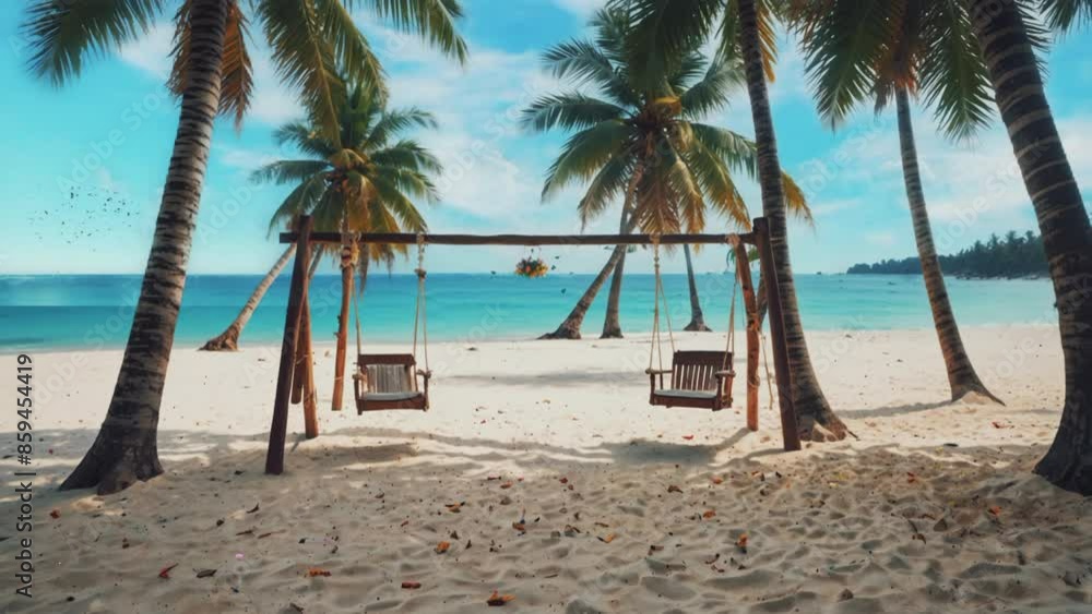 Wooden swing on white sand beach and blue sky view, smooth 4K virtual video animation background Wooden swing on white sand beach and blue sky view, smooth 4K virtual video animation background