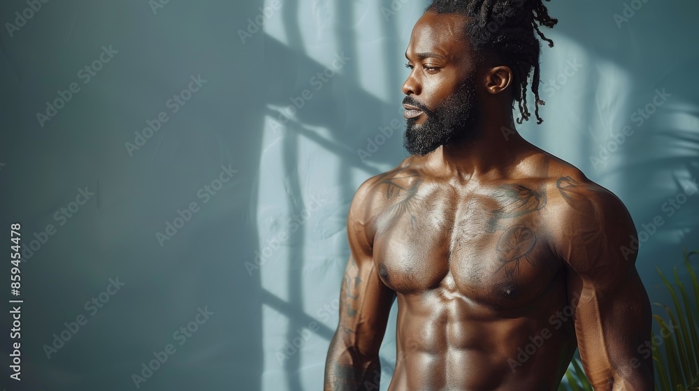 Obraz premium A fit man with dreadlocks stands in the light, revealing his muscular physique. He is positioned thoughtfully with confidence, exemplifying strength and determination.