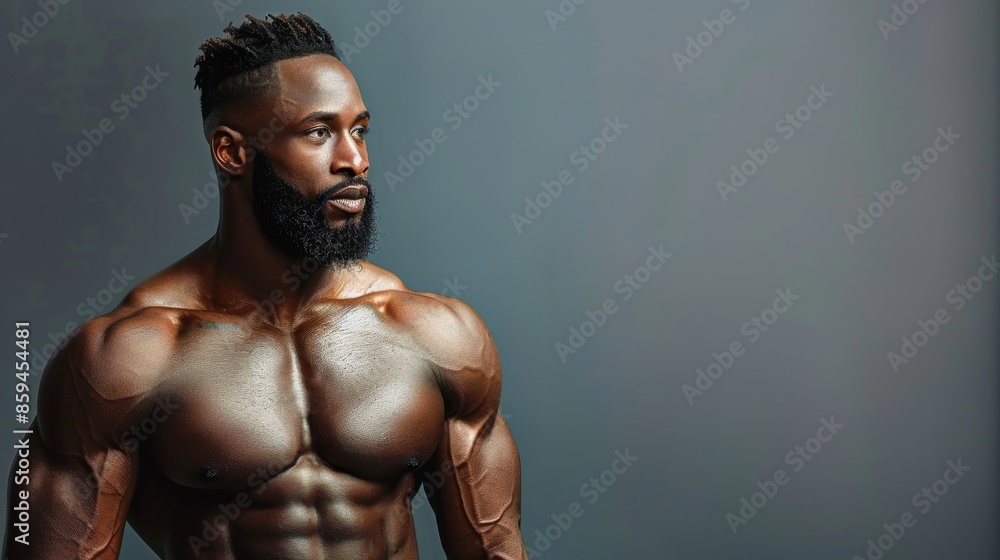 A muscular man with defined features poses confidently against a simple gray backdrop, showcasing his strength and physique. The image emphasizes power and determination. A muscular man with defined features poses confidently against a simple gray backdrop, showcasing his strength and physique. The image emphasizes power and determination.