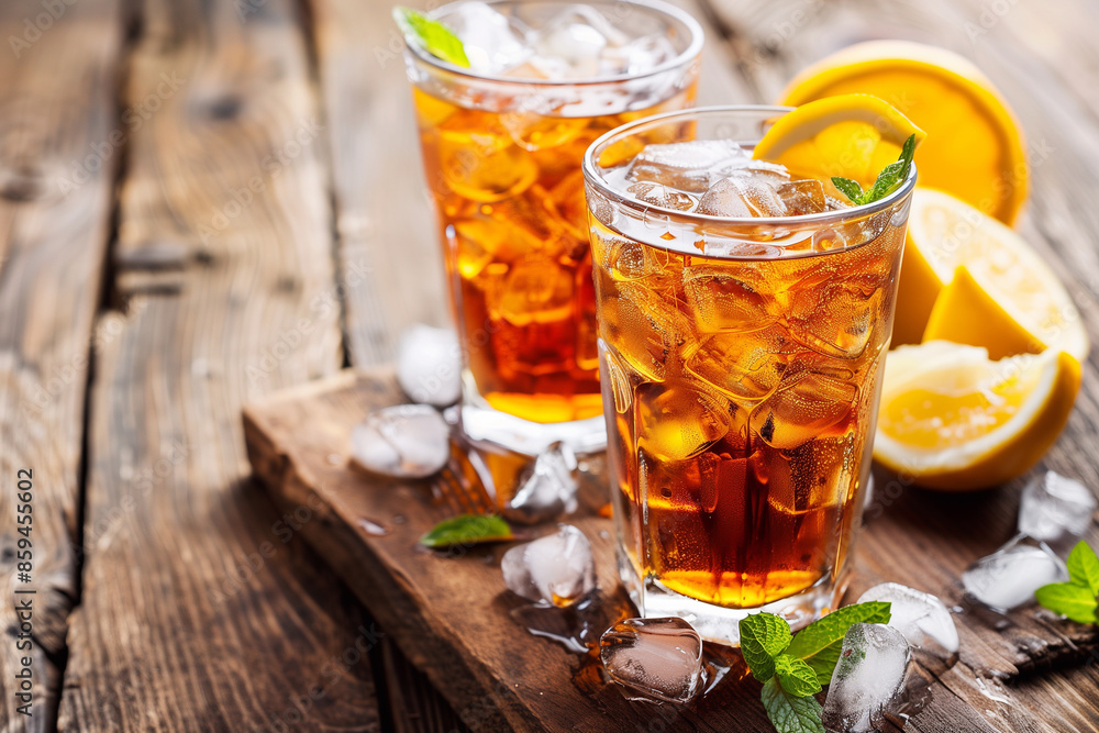 Ice tea with lemon. Cuba Libre or long island iced tea cocktail with strong drinks, cola, lime and ice in glass, cold longdrink or lemonade.