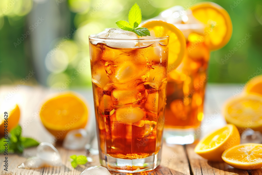 Ice tea with lemon. Cuba Libre or long island iced tea cocktail with strong drinks, cola, lime and ice in glass, cold longdrink or lemonade. Ice tea with lemon. Cuba Libre or long island iced tea cocktail with strong drinks, cola, lime and ice in glass, cold longdrink or lemonade.