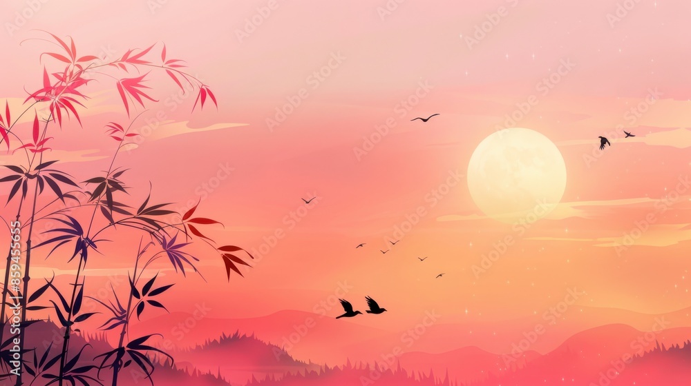 Serene sunset with bamboo silhouette and birds in flight over a tranquil landscape, creating a peaceful and calming scene. Serene sunset with bamboo silhouette and birds in flight over a tranquil landscape, creating a peaceful and calming scene.