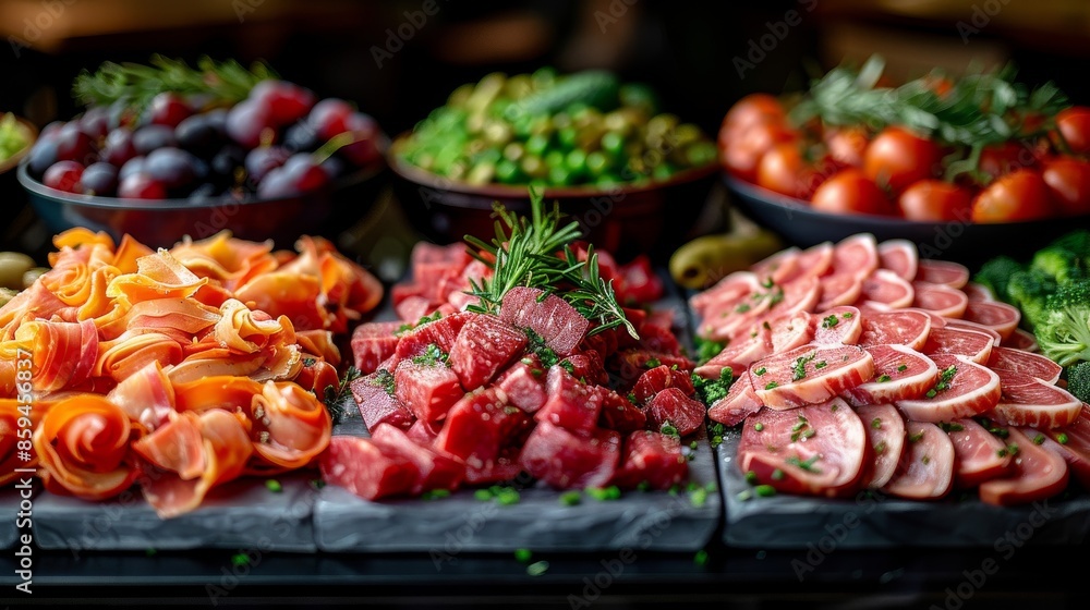 Fresh cuts of red meat, along with an array of fruits and herbs, are creatively arranged on stone slabs, exhibiting a rustic yet sophisticated culinary style. Fresh cuts of red meat, along with an array of fruits and herbs, are creatively arranged on stone slabs, exhibiting a rustic yet sophisticated culinary style.