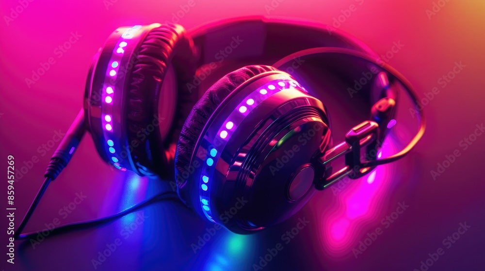 A vibrant graphic design displaying headphones with color-changing LED lights in a variety of bold, eye-catching hues. A vibrant graphic design displaying headphones with color-changing LED lights in a variety of bold, eye-catching hues.