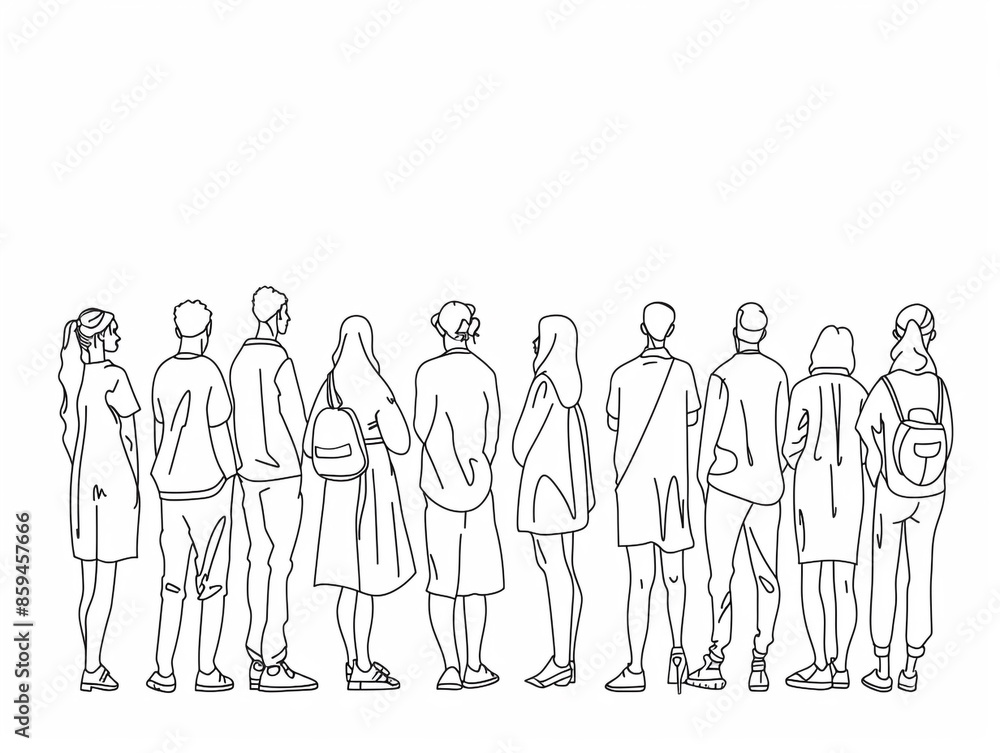 Group of people continuous one-line black ink drawing. The crowd standing and waiting on white background. Group of people continuous one-line black ink drawing. The crowd standing and waiting on white background.