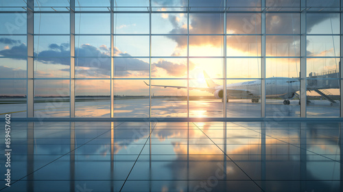 airport terminal at sunrise with airplane and reflection, travel concept, World tourism day,  vacation, holiday, adventure, with copy space © G_Art