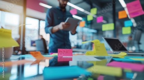 Project manager looking at financial data while brainstorming marketing idea by using colorful sticky notes. Smart business people workoing and planning strategy while wearing casual cloth. AIG42. © Summit Art Creations