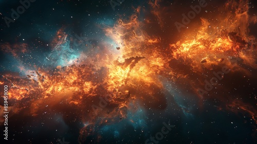 An expansive scene of a cosmic explosion featuring fiery orange and blue hues, showcasing the grandeur and scale of interstellar phenomena in a vibrant vision of the cosmos. © svastix