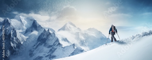 Sportsmen mountaineer is hiking in snowy mountains, winter concept panorama banner. Generative AI. © annamaria