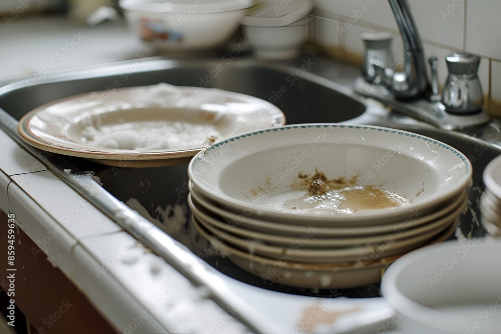 Kitchen sink with dirty dishes and utensils. Abandoned dirty kitchen. Mold and leftovers in plates Kitchen sink with dirty dishes and utensils. Abandoned dirty kitchen. Mold and leftovers in plates