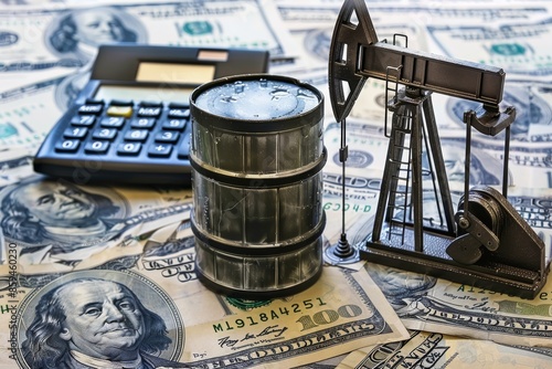 A barrel of oil on a pile of money near a calculator
