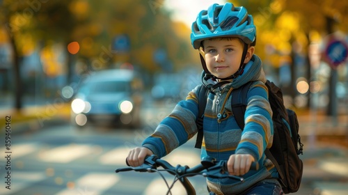 Boy on a Bike with a Helmet, Autumn Day