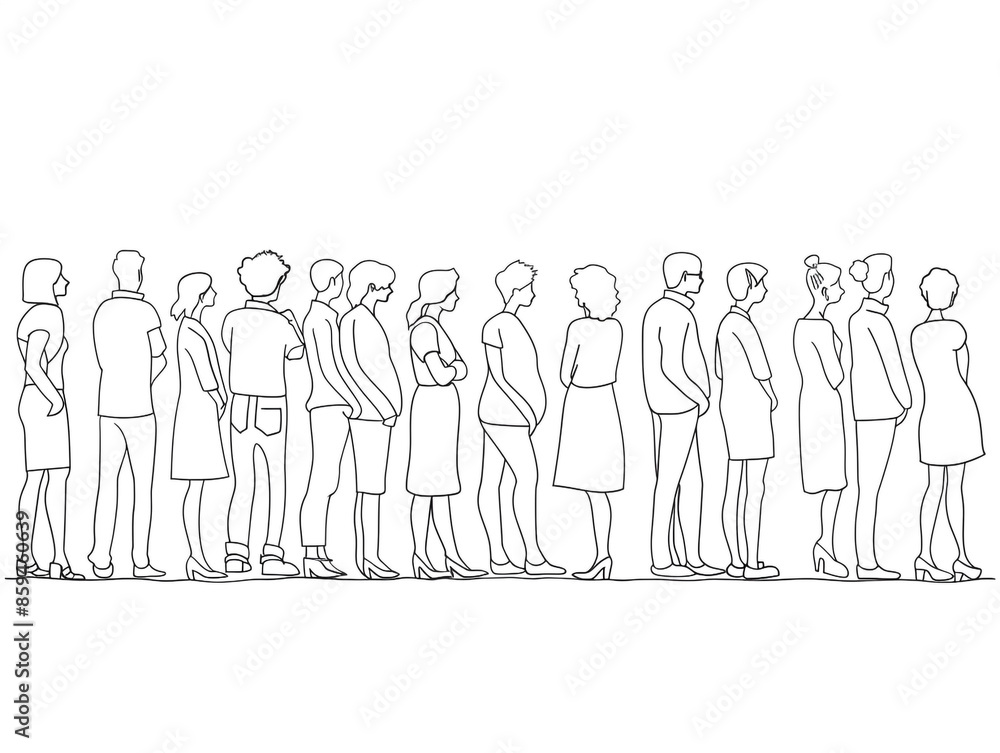 Group of people continuous one-line black ink drawing. The crowd standing and waiting on white background. Group of people continuous one-line black ink drawing. The crowd standing and waiting on white background.
