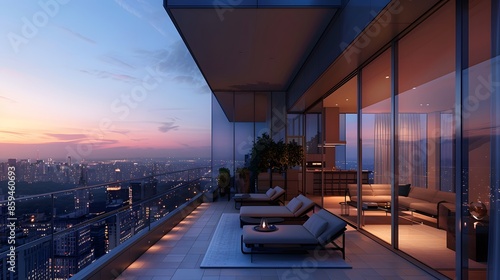 Wallpaper Mural Dawn lit terrace featuring sleek, contemporary design elements with a panoramic view of the urban landscape, accentuated by a pristine glass balustrade and the early morning sky. Torontodigital.ca