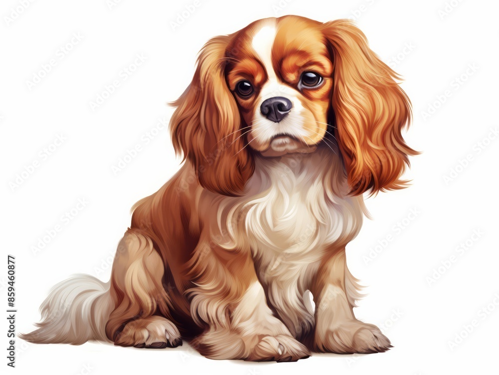 Adorable Cavalier King Charles Spaniel puppy with brown and white fur sitting on white background, perfect for pet lovers. Adorable Cavalier King Charles Spaniel puppy with brown and white fur sitting on white background, perfect for pet lovers.