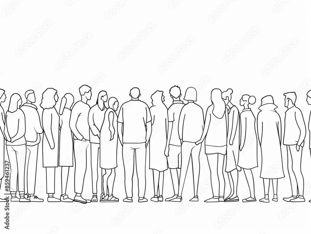 Group of people continuous one-line black ink drawing. The crowd standing and waiting on white background. Group of people continuous one-line black ink drawing. The crowd standing and waiting on white background.