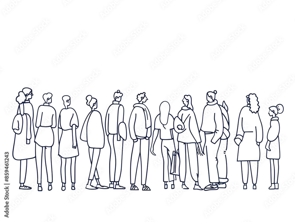 Group of people continuous one-line black ink drawing. The crowd standing and waiting on white background. Group of people continuous one-line black ink drawing. The crowd standing and waiting on white background.