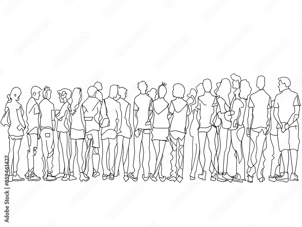 Group of people continuous one-line black ink drawing. The crowd standing and waiting on white background. Group of people continuous one-line black ink drawing. The crowd standing and waiting on white background.